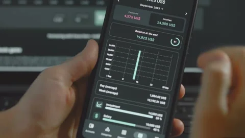 Smart money management. Using technology to track budget. A person who uses a Stock Footage 250386820