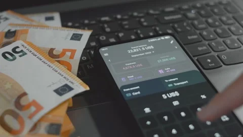 Smart money management. Using technology to track budget. A person who uses a Stock Footage 250387044