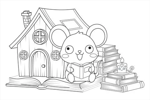 Smart Mouse Reading Book Near Tiny House And Candle Outline Coloring Page F.. Stock-Illustration