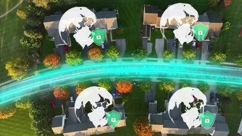 Smart Neighborhood Cybersecurity Network Visualization – Encrypted Home Data Stock Footage 320613343