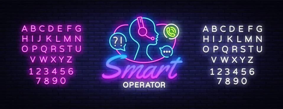 Smart Operator neon sign vector. Neon Call Center Design template, light banner Stock Illustration