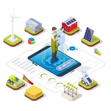 Smart organic farming vector isometric infographic. Farmer managing farm using Illustrazione stock