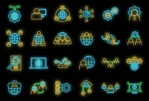 Smart outsource icons set vector neon Stock Illustration