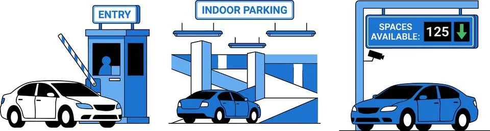 Smart Parking System with Entry Gate, Indoor Parking, and Available Spaces .. Stock Illustration