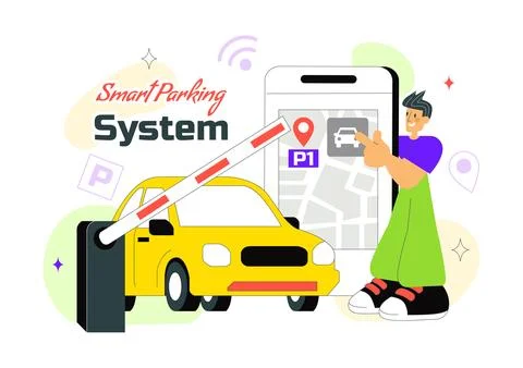 Smart Parking System Technology Vector Illustration Featuring Urban Infrast.. イラスト素材