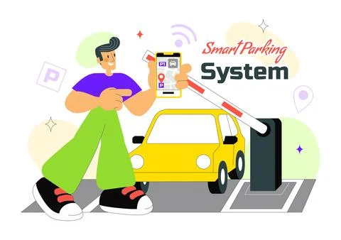 Smart Parking System Technology Vector Illustration Featuring Urban Infrast.. Stock Illustration