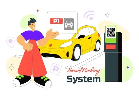 Smart Parking System Technology Vector Illustration Featuring Urban Infrast.. Illustrazione stock