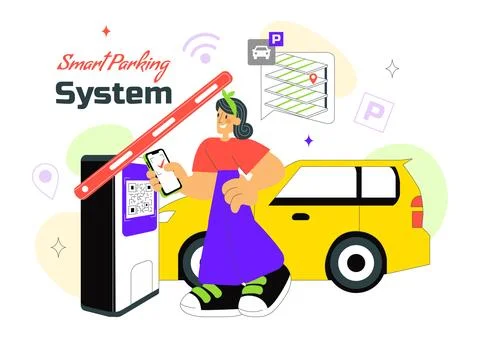 Smart Parking System Technology Vector Illustration Featuring Urban Infrast.. イラスト素材