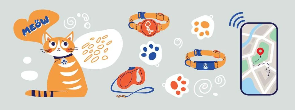Smart Pet GPS Tracker Vector Clipart Set with Cat, Electronic Location Coll.. 스톡 일러스트