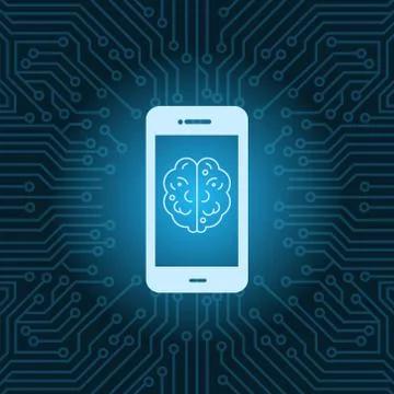 Smart Phone With Brain Image Icon Over Blue Circuit Motherboard Background Stock Illustration