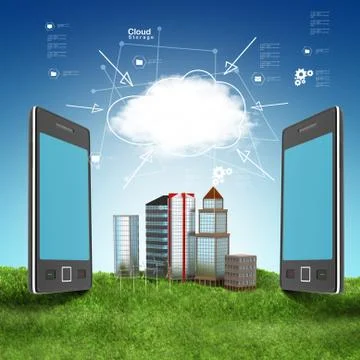 Smart phone with building Stock Illustration