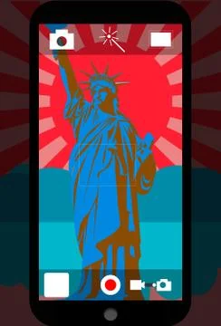 Smart phone camera with the statue of liberty, vector illustration Stock Illustration