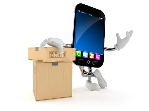 Smart phone character with stack of boxes Illustrazione stock