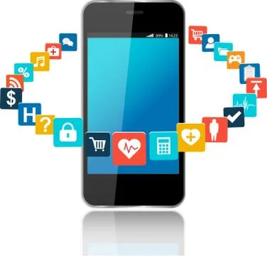 Smart phone with cloud of application icons Illustrazione stock