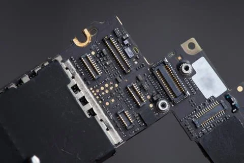 Smart phone components, circuit board of mobile cellphone, pcb, connectors. Stock Photos