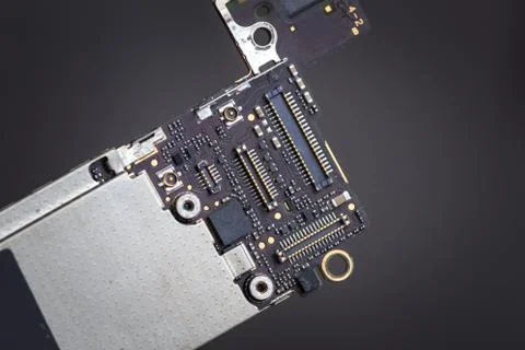 Smart phone components, circuit board of mobile cellphone, pcb, connectors. Stock Photos