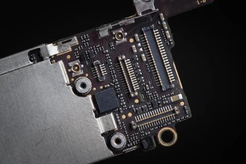 Smart phone components, circuit board of mobile cellphone, pcb, connectors. Stock Photos