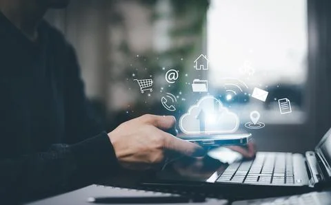Smart phone connect to data information on the Cloud Computing Technology Int Stock Photos