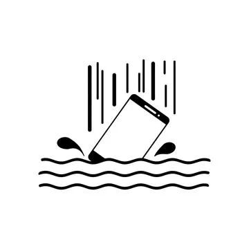 Smart phone drop into the water with splashes  vector illustration black line Stock Illustration