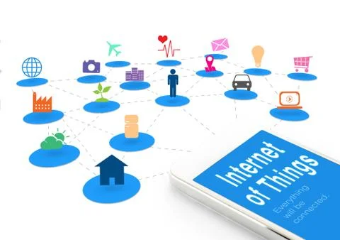 Smart phone with Internet of things (IoT) word and objects icon connecting to Stock Photos
