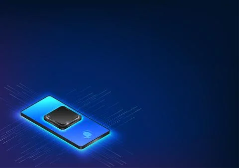 Smart phone with a microchip processing and storing data. Surrounding the p.. Stockillustratie