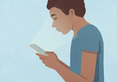 Smart phone screen casting glow over face of boy Stock Illustration