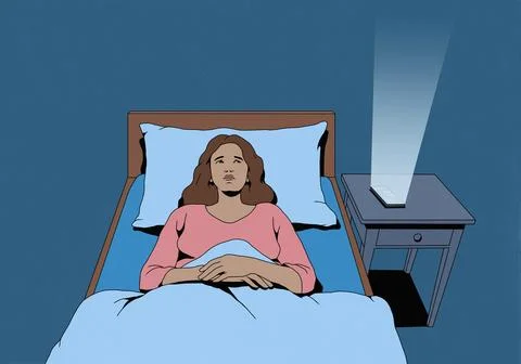 Smart phone screen emitting bright light on bedside table next to worried woman Stock Illustration