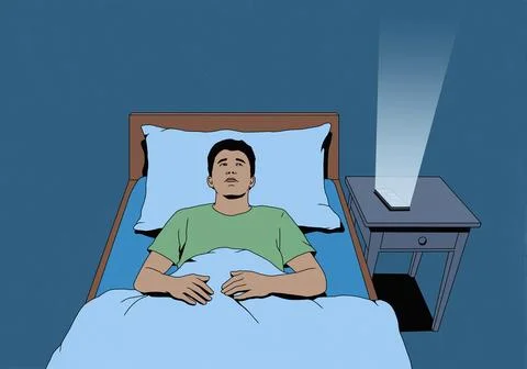 Smart phone screen emitting bright light on bedside table next to worried man Stock Illustration