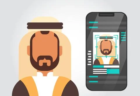 Smart Phone Security System Scanning Muslim Man User Biometric Identification Stock Illustration