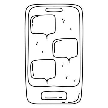 Smart Phone with speech bubbles on screen in hand drawn doodle style. Isola.. Stock Illustration