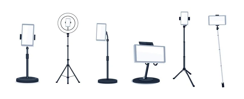 Smart phone stands and ring lights for video content creation and streaming Stock Illustration