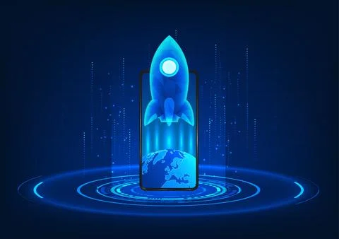 Smart phone technology with a rocket rising from the world on the mobile sc.. 스톡 일러스트