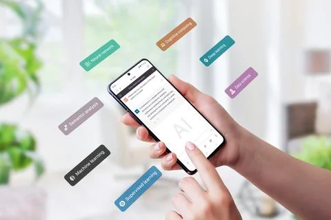 Smart phone using a chatbot app and  flying concept boxes representing semant 写真素材