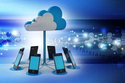 Smart phones network with cloud computing in color background Illustrazione stock