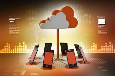 Smart phones network with cloud computing in color background Stockillustratie