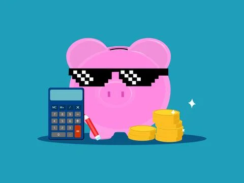 Smart piggy bank and stack of coins. smart savings Illustrazione stock