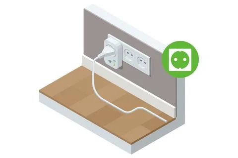 Smart Plug and Power Outlet. Isometric illustration of a smart plug connected to Illustrazione stock