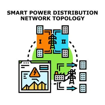 Smart power distribution network topology managing energy flow Ilustración de archivo