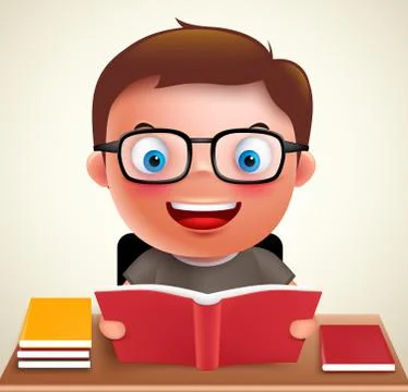 Smart preschool boy kid vector character holding and reading book Stock Illustration