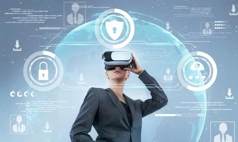 Smart project manager looking and managing security protection. Contraption. Stock Photos