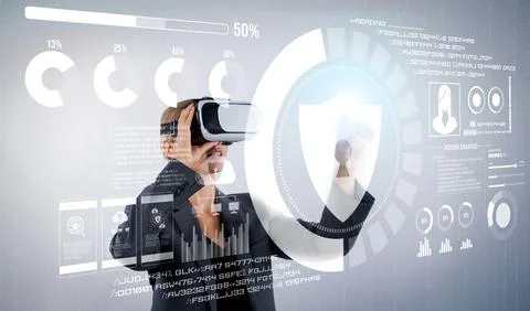 Smart project manager looking and managing security protection. Contraption. Foto stock