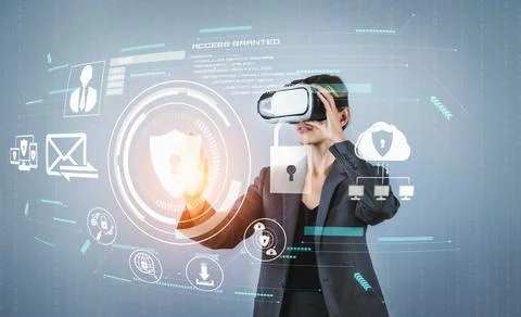 Smart project manager looking and managing security protection. Contraption. Foto stock