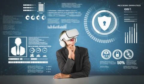 Smart project manager looking and managing security protection. Contraption. Stock Photos
