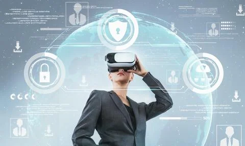 Smart project manager looking and managing security protection. Contraption. Stock Photos