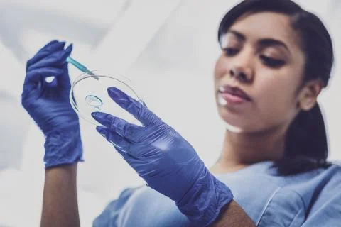 Smart promising bioengineer testing new medicine Foto stock