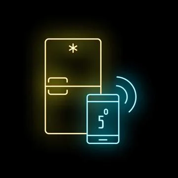 Smart refrigerator controlling temperature with mobile app neon icon Stock Illustration