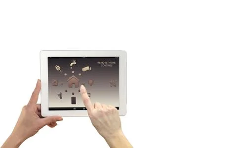 Smart remote home control system on a digital tablet. Woman hands holding dev Stock Illustration