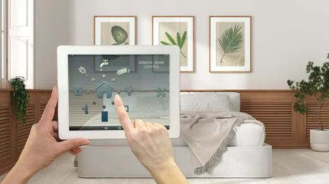 Smart remote home control system on a digital tablet. Device with app icons.  Stock Illustration