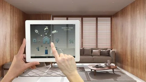 Smart remote home control system on a digital tablet. Device with app icons.. Stock Illustration