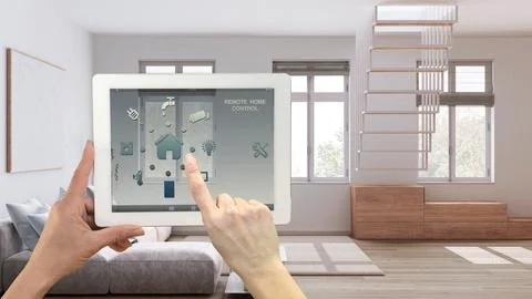 Smart remote home control system on a digital tablet. Device with app icons.. Stock Illustration